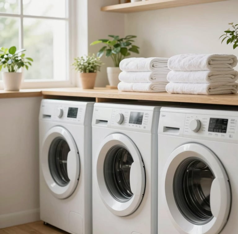 A bright, orderly laundry room with clean washing machines, folded white towels on a wooden shelf, and soft green plants, natural window light.