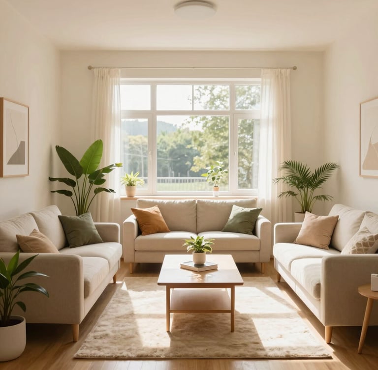 Bright, clean shared living room interior, warm natural sunlight streaming through a large window, tidy modern furniture, soft cream walls with green plants, 35mm lens