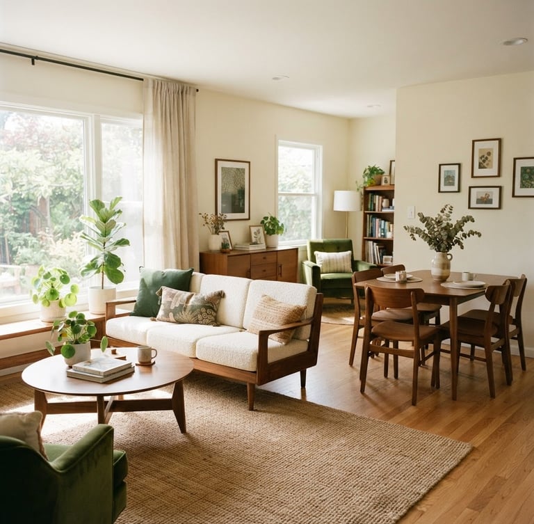 A bright, sunlit shared living room with clean mid-century modern furniture, a tidy dining table, soft cream walls, and warm forest green accents, captured with natural window light.