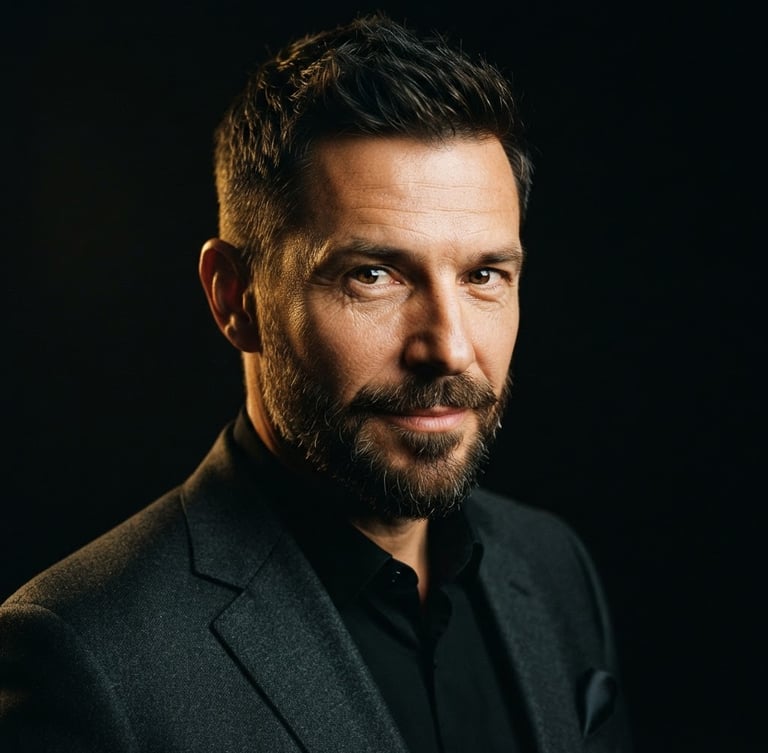 Close-up portrait of a refined gentleman with a sharp executive haircut and styled beard, dramatic low-key studio lighting, warm golden highlights, deep black background, 35mm film.