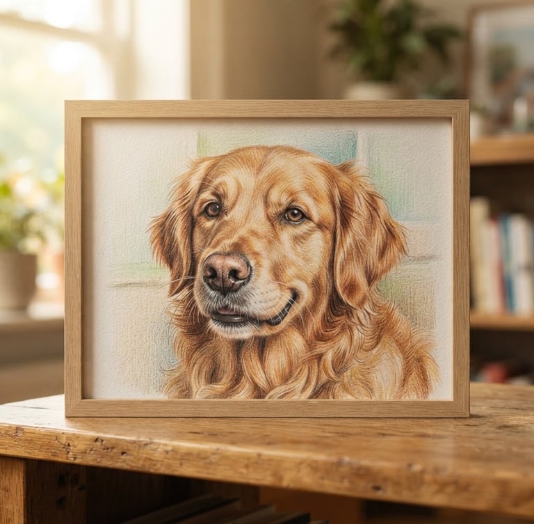 Straight-on shot of a finished framed colored pencil dog portrait resting on a wooden shelf in a sunlit room, soft natural daylight, detailed paper texture visible