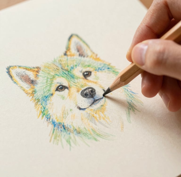 Close-up of hand holding a professional colored pencil, blending warm golden tones into a hand-drawn pet portrait on thick cream paper, soft daylight