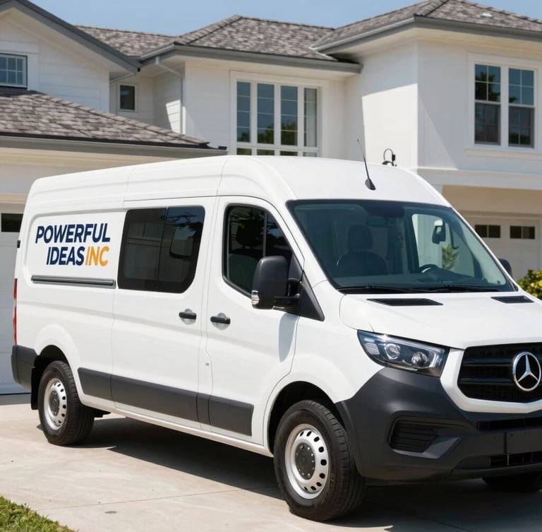 Pristine white POWERFUL IDEAS INC branded service vehicle, parked on a manicured North Shore estate driveway, bright natural daylight, clean white and deep navy tones, sharp focus, luxury residential setting, 35mm.