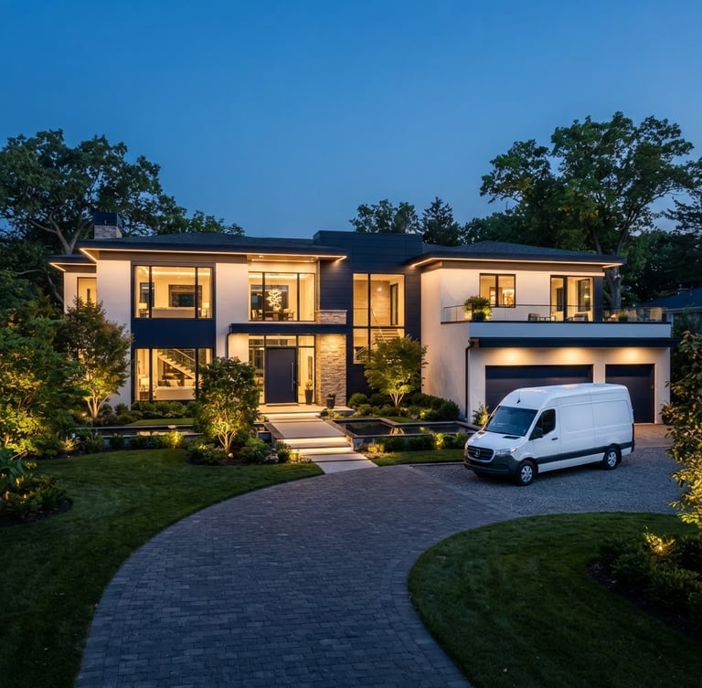 Luxury residential estate exterior at dusk, integrated architectural lighting illuminating the facade and landscaping, pristine white service vehicle discreetly parked on the driveway, crisp architectural photography, bright natural daylight, clean white and deep navy tones, sharp focus, luxury residential interiors, 35mm