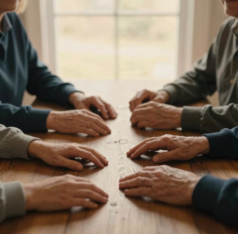 Warm editorial photography of multi-generational family hands resting together on a wooden table, soft morning window light, rich deep tones, shallow depth of field, 35mm