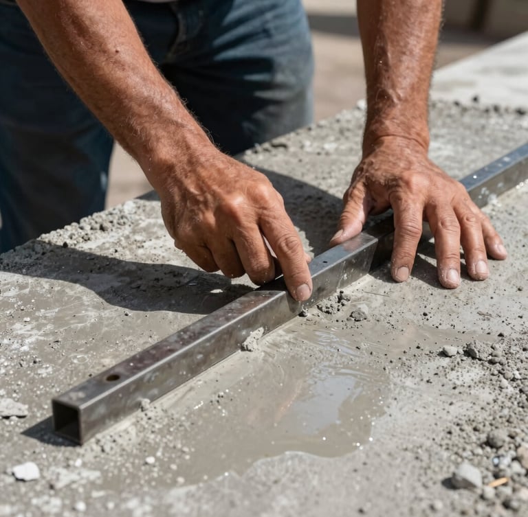 Primer plano dramático de manos de un maestro de obra utilizando una llana metálica sobre cemento fresco, textura de concreto húmedo, luz natural intensa.