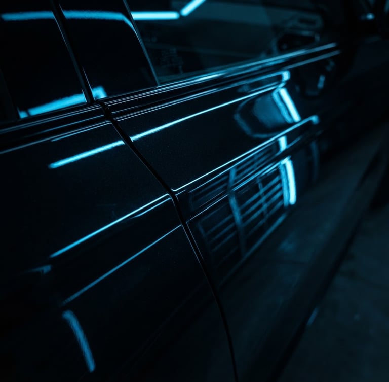 Macro shot of a glossy black car door panel under bright neon blue linear inspection lights, showing a perfectly smooth metallic surface with sharp reflections, high contrast automotive photography, 35mm
