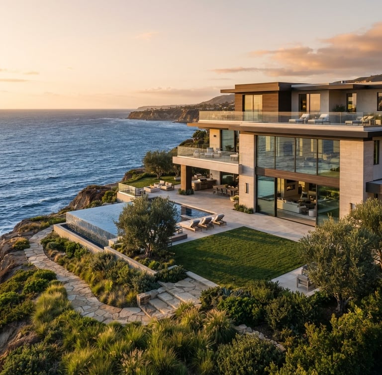 Wide shot of a pristine modern coastal estate with clean lines, large windows, and manicured landscaping, bathed in golden-hour sunlight, showing deep blue ocean in the background. Framed from a slightly elevated angle, with the house occupying the right two-thirds.