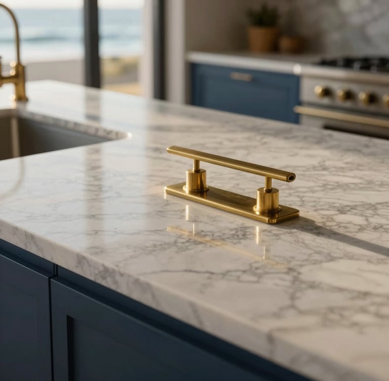 Close-up of a high-end marble countertop with a subtle brass fixture in a modern coastal kitchen, illuminated by crisp morning sunlight. Focus on the texture and quality of materials, with soft reflections.