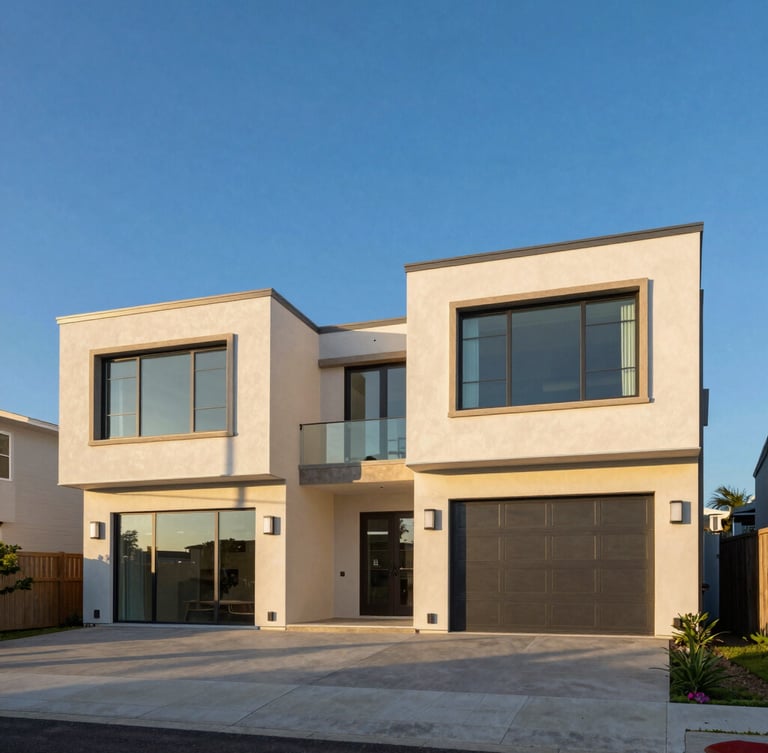 Wide architectural shot of a modern coastal estate, bright morning sunlight, deep blue sky, showing resilient design features like elevated foundations and hurricane-rated windows, soft gold and deep blue tones.