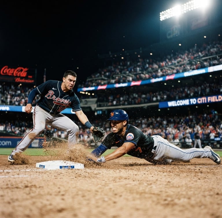 Low-angle action shot of a baseball player sliding into second base, dirt flying, dramatic stadium lighting, high contrast navy tones, 35mm