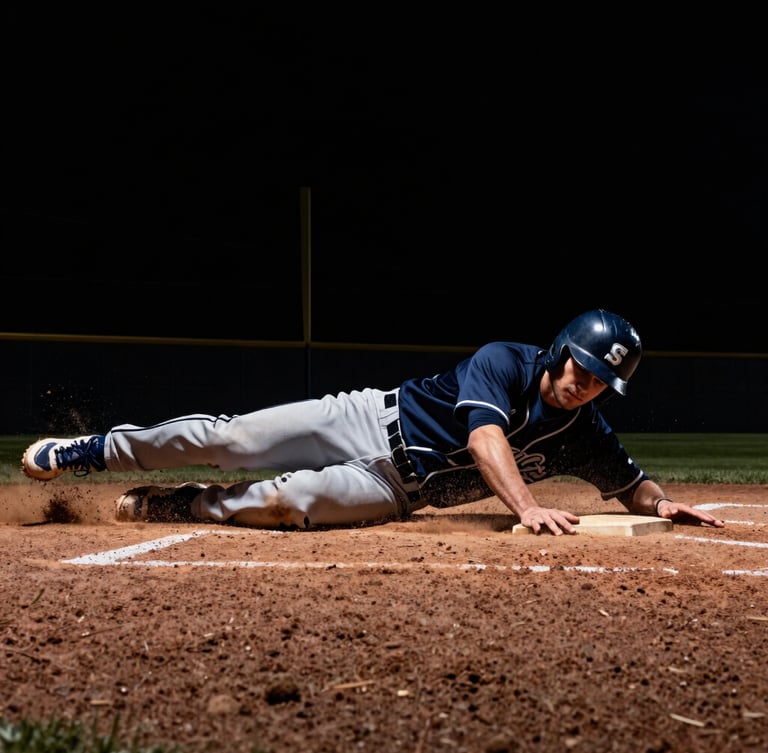 Low-angle action shot of a baseball player sliding into home plate, dirt flying, dramatic high-contrast lighting, navy and gray tones
