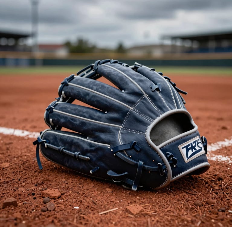 A close-up of a baseball glove resting on the red clay infield dirt, dramatic overcast lighting, sharp athletic focus, 35mm