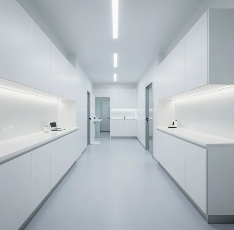 One-point perspective architectural photograph of a sterile, ultra-clean Moroccan dental clinic interior, white custom cabinetry, seamless medical surfaces, cool daylight mixed with precise LED lines.