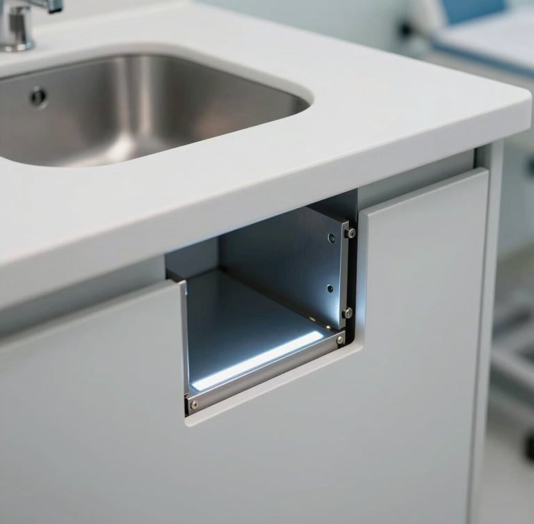 A close-up architectural shot of a custom medical cabinet joint, seamless white solid surface countertop, integrated clinical sink, brushed steel hardware, cool LED illumination.