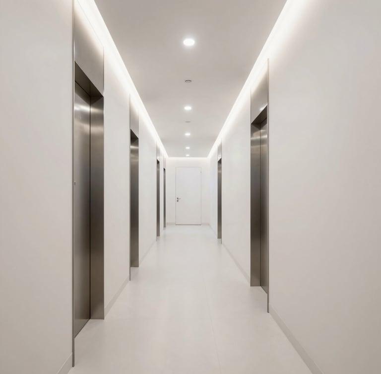 One-point perspective architectural photograph of a luxury aesthetic clinic hallway in Casablanca, seamless white Corian surfaces, minimalist architectural LED lines, brushed steel details, pristine clinical environment.