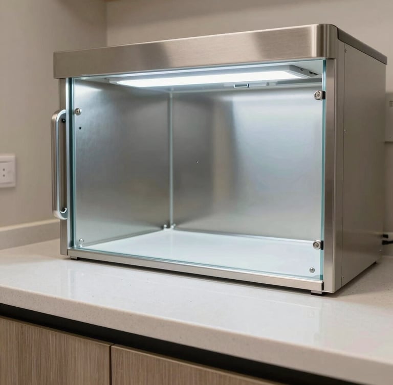 Architectural close-up of a built-in dental sterilization cabinet, seamless Corian countertop, brushed steel fixtures, cool LED under-cabinet illumination.