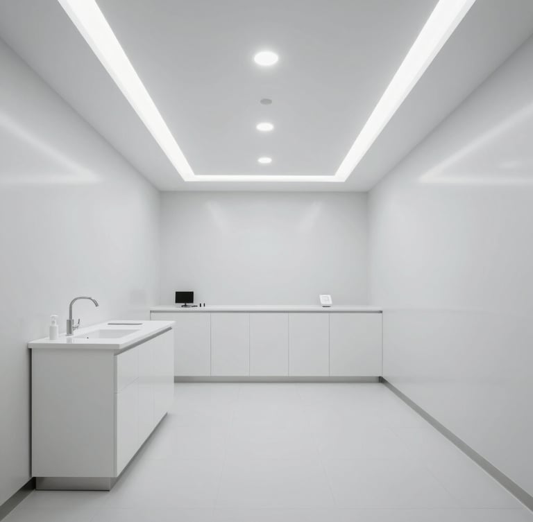 Ultra-clean, empty dental clinic interior in Casablanca, geometric symmetry, white Corian surfaces, cool LED architectural lighting, wide perspective.