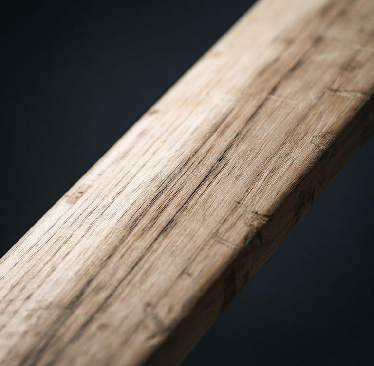 Dynamic close-up of a premium English willow cricket bat showing raw wood grain textures, sharp high-contrast studio key light, deep charcoal background, 35mm lens