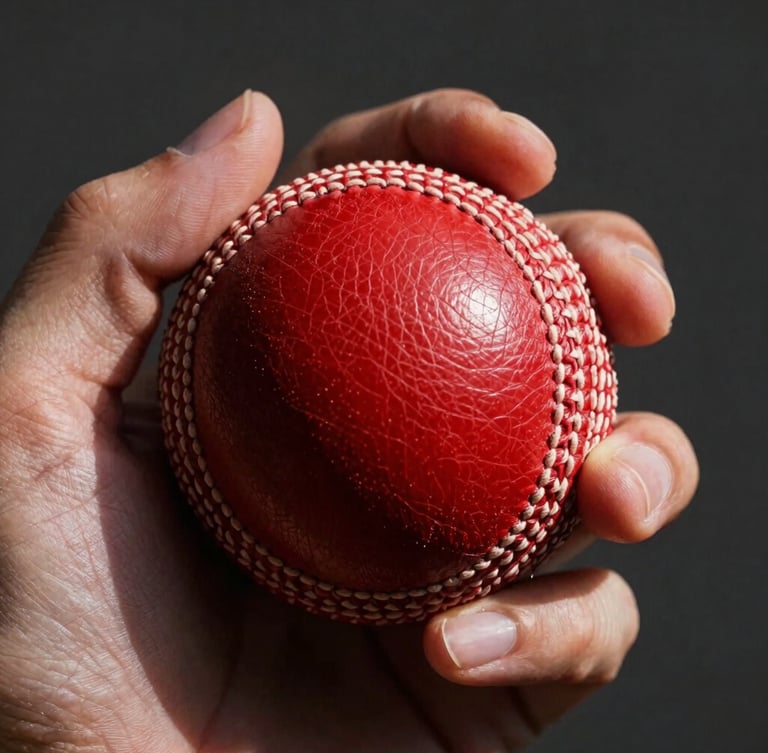 Close-up of a hand holding a red leather cricket ball showing detailed stitching and seam integrity under dramatic natural light, 35mm lens