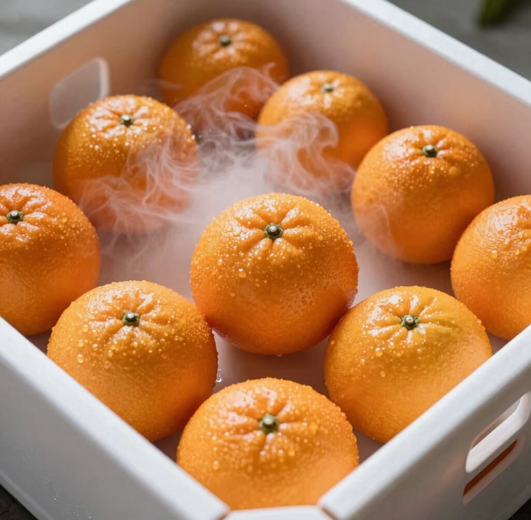 Tight macro shot of glistening fresh wholesale citrus fruit inside a temperature-controlled shipping crate, cool vapor mist, sharp focus, 35mm lens.