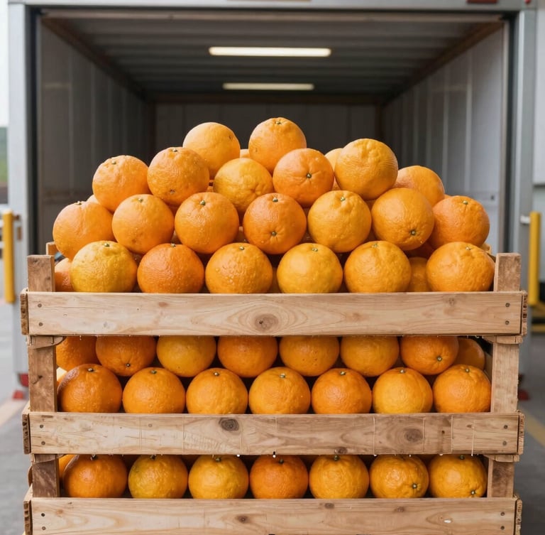 A vertical portrait of pristine wholesale citrus fruit stacked in clean wooden crates inside a modern temperature-controlled cargo facility, cool-toned industrial lighting, crisp 35mm lens.