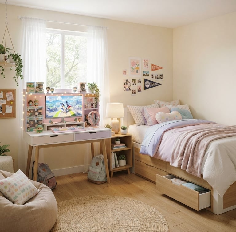 Bright, sunlit teen bedroom with a storage bed and pastel gaming desk, styled with playful accents, soft natural daylight, clean composition.