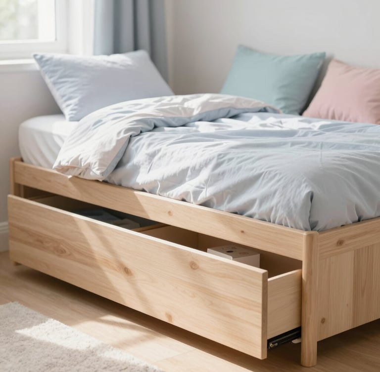 Portrait shot of a beautifully organized teen bedroom, featuring a storage drawer bed with neatly tucked bedding, pastel decor, and bright natural light streaming in, soft focus on the bed, shallow depth of field.
