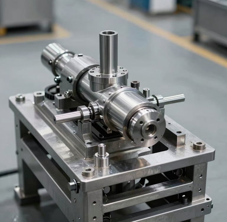 Sharp straight-on industrial photography of a heavy-duty stainless steel machinery assembly, dramatic rim lighting on metallic edges, cool steel tones, crisp depth of field, clean factory floor background
