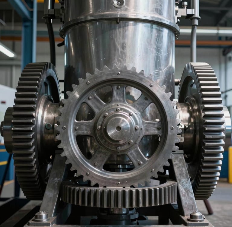 Straight-on elevation of a massive industrial pellet mill with heavy-duty steel gears, cool-toned ambient light, crisp depth of field