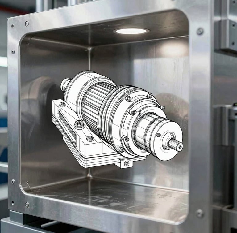 Highly detailed CAD-style line drawing overlaid on clean stainless steel machinery photography, cool steel tones, architectural geometric framing