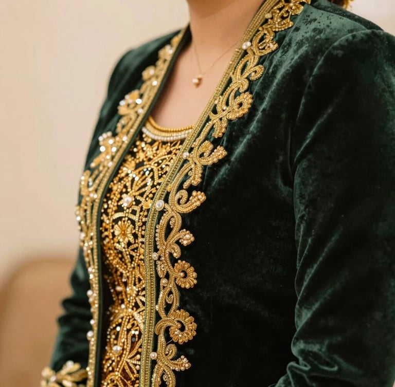 Close-up of Javanese wedding attire details, intricate gold embroidery on deep green velvet, soft warm lighting, shallow depth of field.
