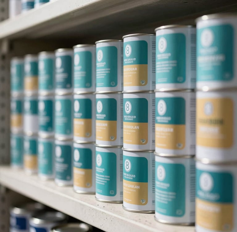 Macro shot of neatly stacked premium metal paint cans on a clean concrete shelf, bright natural daylight streaming from the side, highlighting vibrant teal and saffron labels, sharp focus, shallow depth of field.