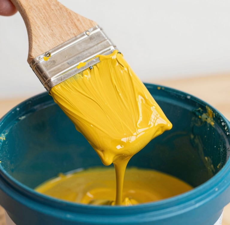 Vibrant editorial photography of a wooden paint paddle dripping rich, thick saffron yellow paint into a deep teal paint bucket, bright high-contrast natural daylight, macro texture of wet paint, shallow depth of field.