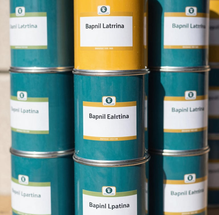 Vibrant editorial photography of neatly stacked paint cans with rich teal and saffron labels, bright natural daylight, sharp focus.