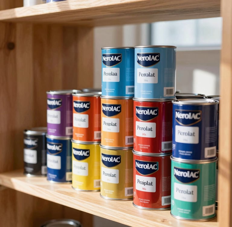Neatly stacked premium Nerolac paint cans on structured wooden shelves, warm sunlight streaming through a window, sharp focus