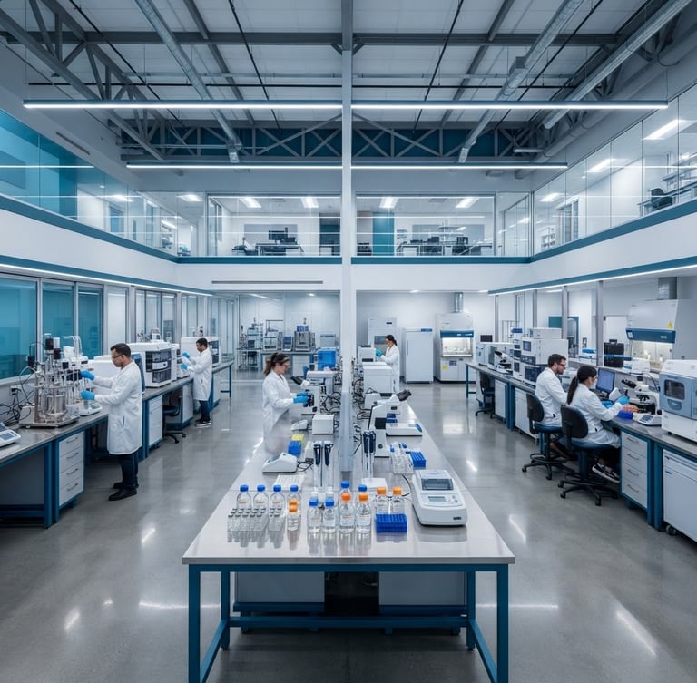 Wide architectural shot of a state-of-the-art biopharmaceutical laboratory, cool crisp studio lighting, subtle blue and teal accents, sterile glass vials on a bench, high-tech equipment, low horizon.