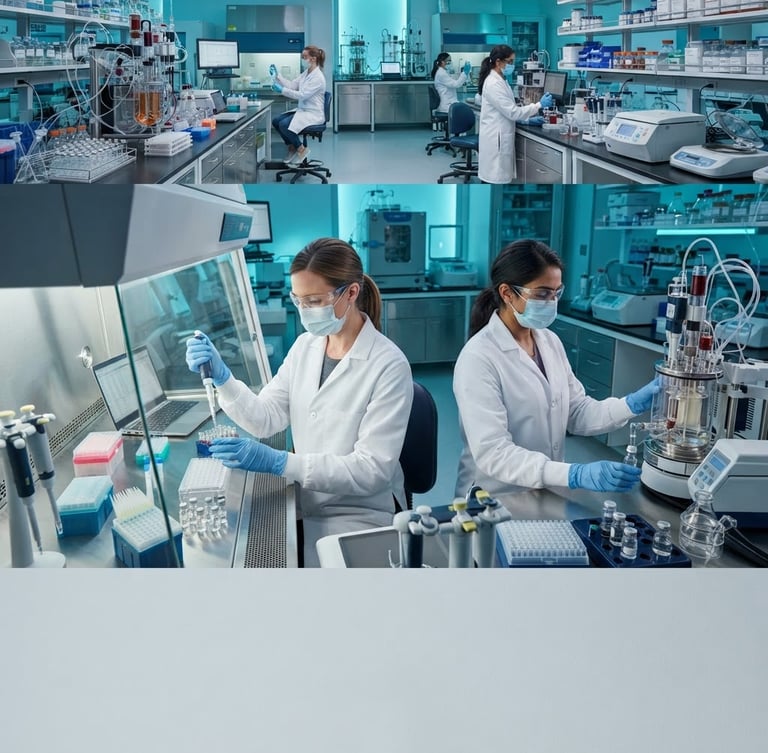 Wide panoramic of a high-tech biopharmaceutical laboratory, scientists operating precision equipment, sterile glass vials, cool crisp studio lighting, blue and teal backlighting, macro lens, high-tech sterile aesthetic.