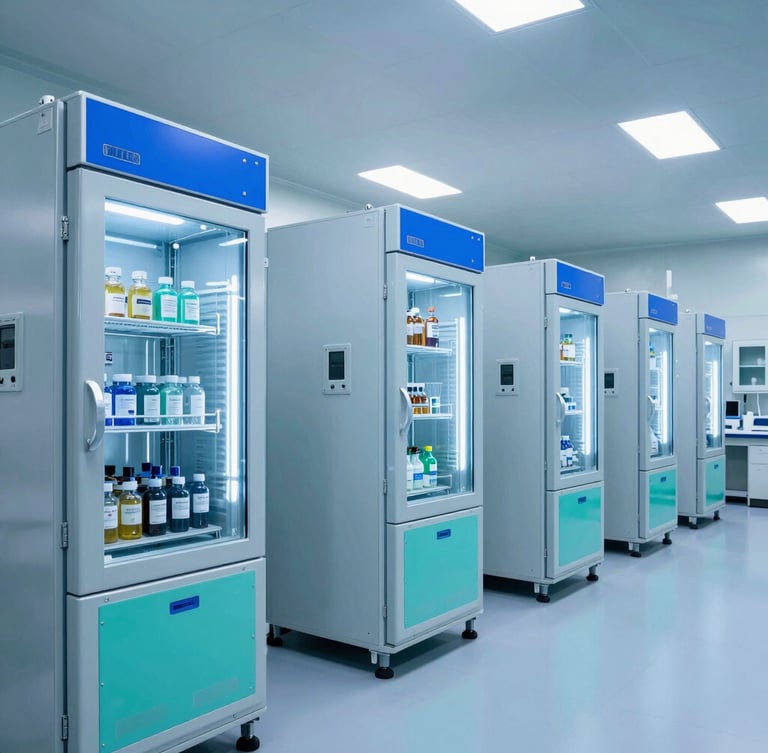 Wide, architectural shot of a sterile, high-tech pharmaceutical warehouse with automated cold-chain storage units, blue and teal accent lighting, crisp cool studio lighting.