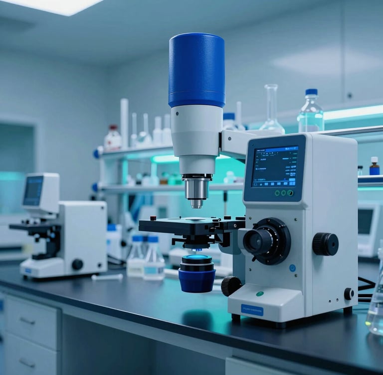 Wide architectural shot of a sterile biopharmaceutical laboratory, advanced precision equipment, cool blue and teal backlighting, macro lens, high-tech aesthetic, no people.
