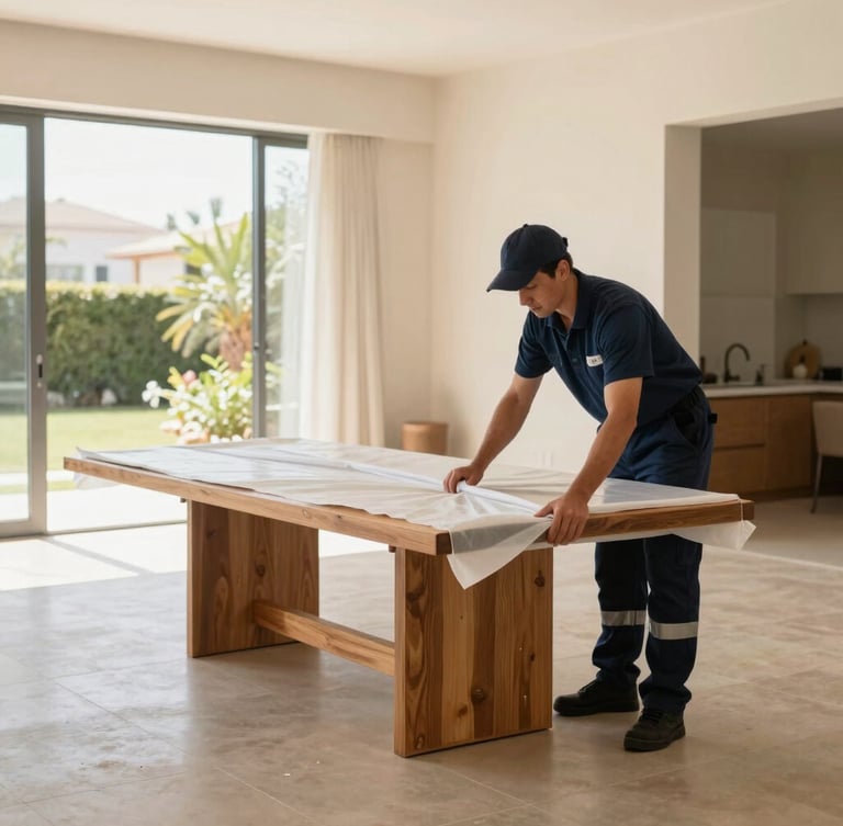 A professional moving crew member in a clean navy uniform carefully wrapping a heavy teak dining table in multi-layer protective fiber under bright, natural daylight inside a spacious villa.
