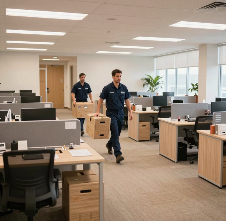 Wide-angle editorial shot of a clean, organized office lobby with wrapped workstations, professional movers in navy uniforms carefully loading a secure crate under bright daylight.