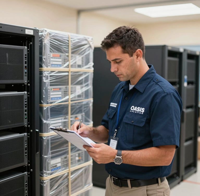 A professional environmental portrait of a uniformed Oasis logistics manager reviewing an inventory checklist next to securely wrapped corporate server racks, bright daylight.