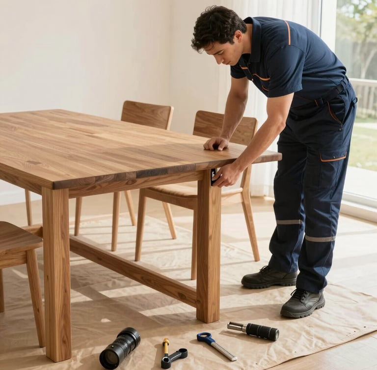 A professional moving technician carefully unscrewing the joints of a large wooden dining table, tools laid out neatly on a protective mat, bright natural daylight.