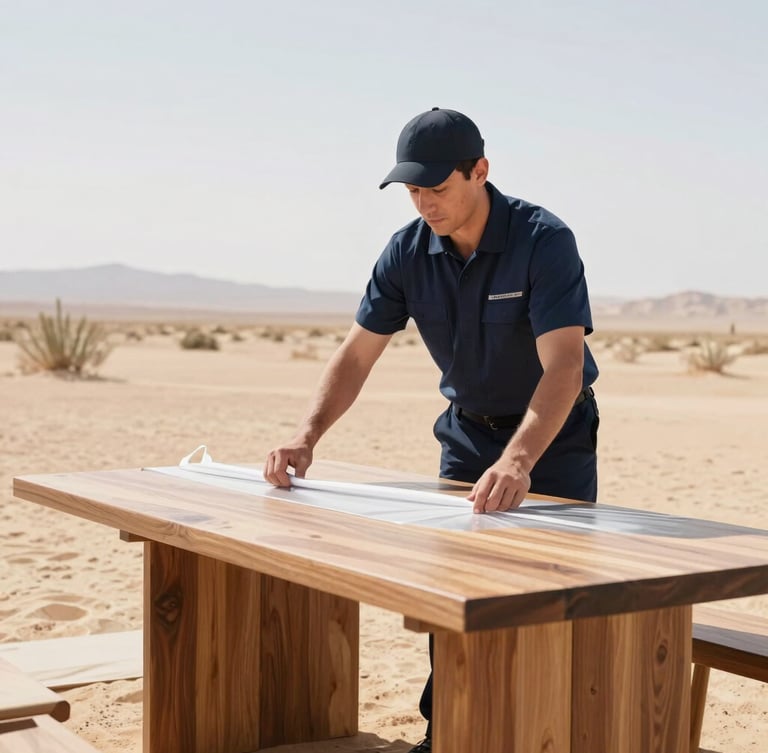 Medium environmental shot of a professional mover in clean navy uniform carefully securing a protective wrap on a solid wood dining table, bright natural desert daylight, clean composition, 35mm lens.