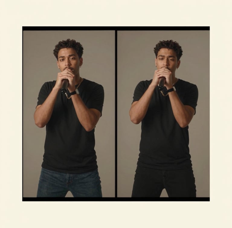 High-fidelity vertical screenshot of a TikTok performance ad, displaying a clean split-screen layout with subtle text overlays, framed by a soft cream border, natural warm lighting.