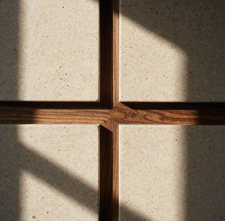 Close-up of raw, porous travertine stone texture meeting dark walnut timber joints, dramatic afternoon sun casting deep shadows, warm editorial photography, medium format film