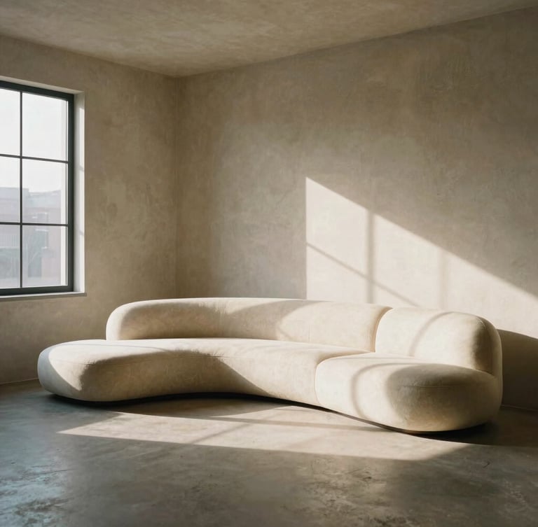 Wide architectural environmental shot of a curved modular sofa in a raw plaster brutalist room, dramatic afternoon window light, deep shadows, cream tones, medium format film.