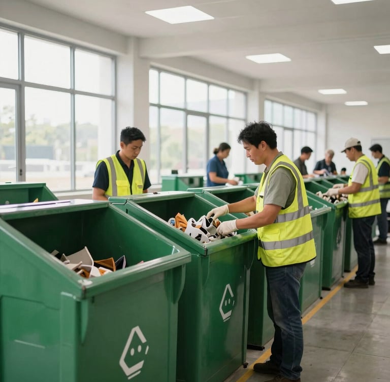Clean, modern waste sorting facility interior, professional workers in high-visibility safety gear efficiently sorting materials, bright natural daylight, 35mm lens, sharp focus