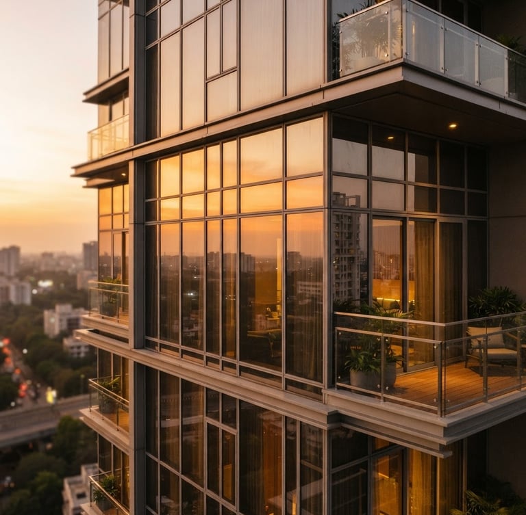 Warm golden-hour architectural detail of a premium high-rise residential tower in Vikhroli East, clean lines, sunset reflections on glass facade, shallow depth of field